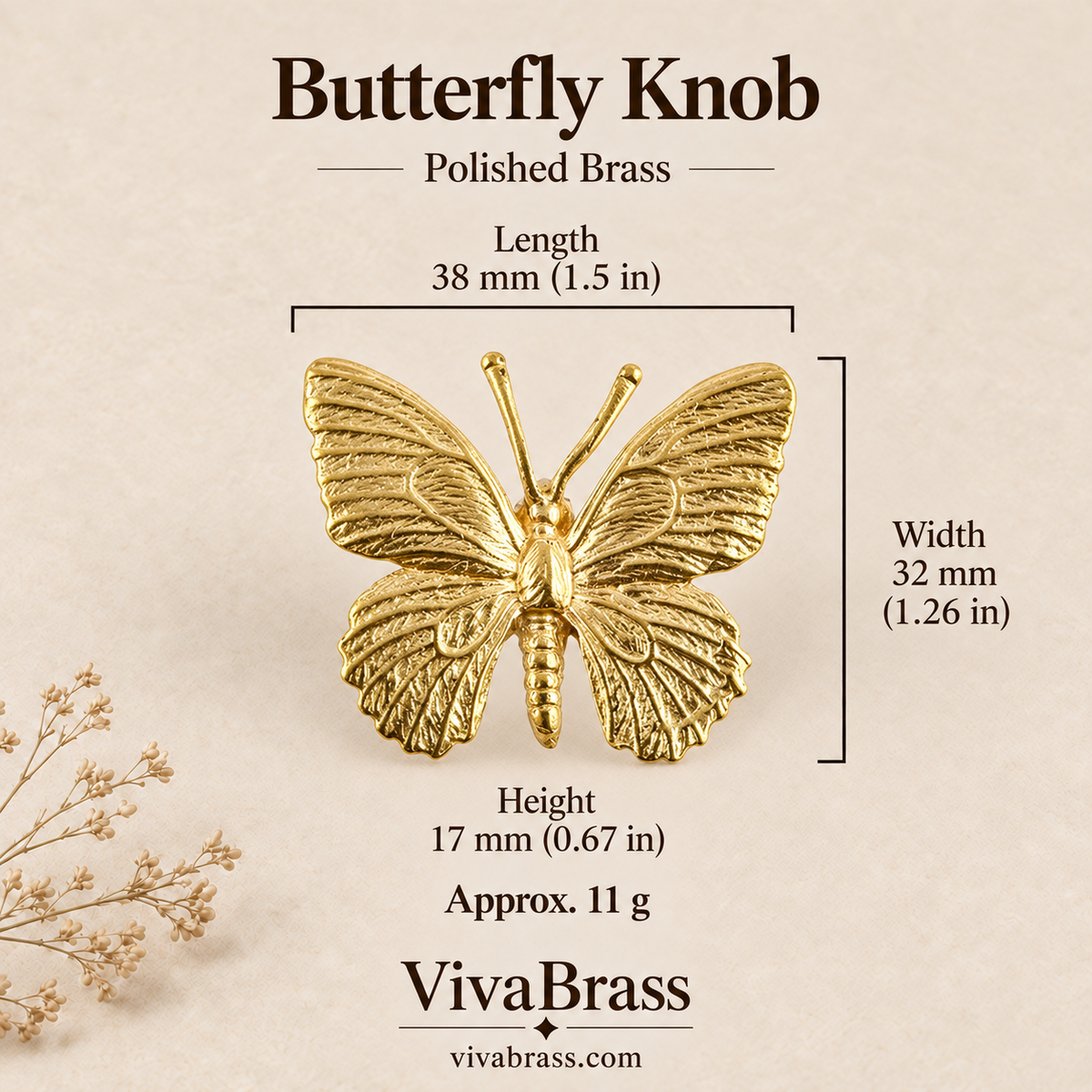 Butterfly Knob - Polished Brass – decorative brass knob by VivaBrass