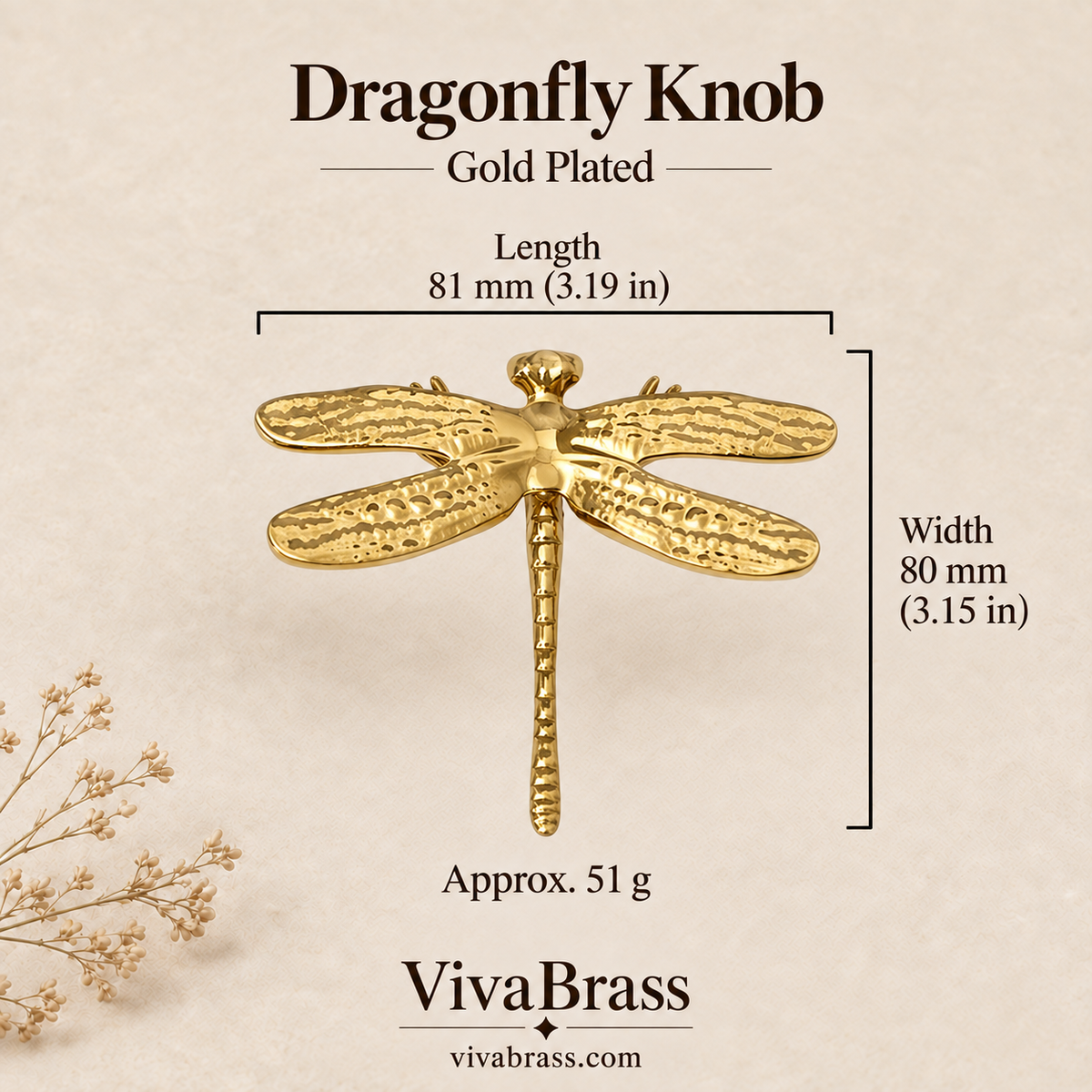 Dragonfly Knob - Gold Plated – decorative brass knob by VivaBrass
