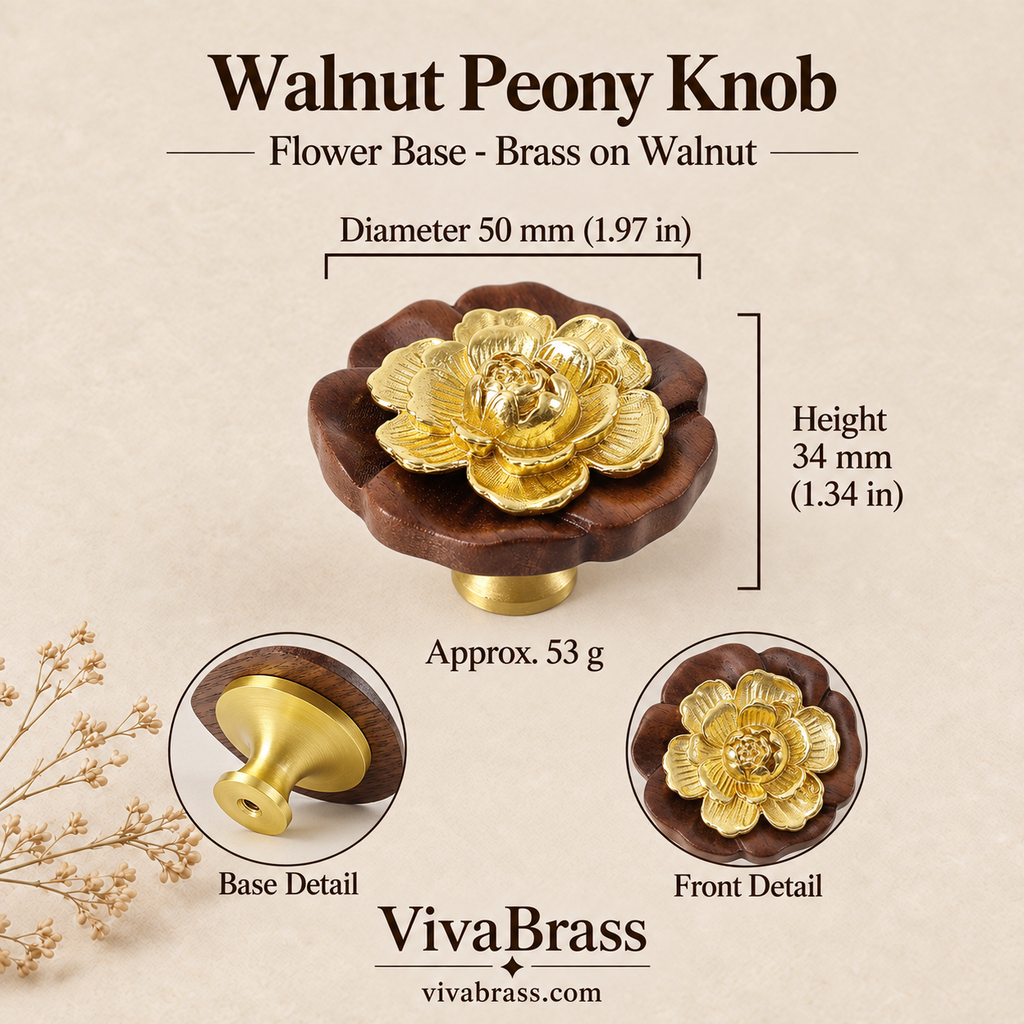Walnut Peony Knob Flower Base - Brass on Walnut – decorative brass knob by VivaBrass
