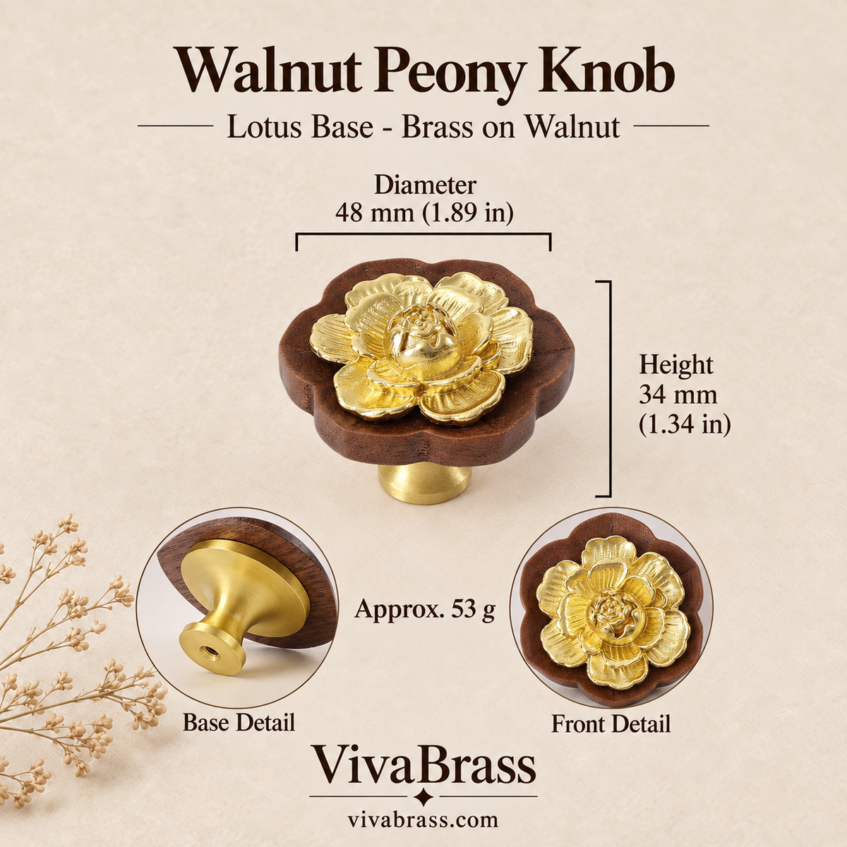 Walnut Peony Knob Lotus Base - Brass on Walnut – decorative brass knob by VivaBrass