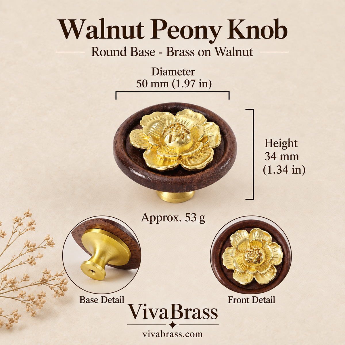 Walnut Peony Knob Round Base - Brass on Walnut – decorative brass knob by VivaBrass