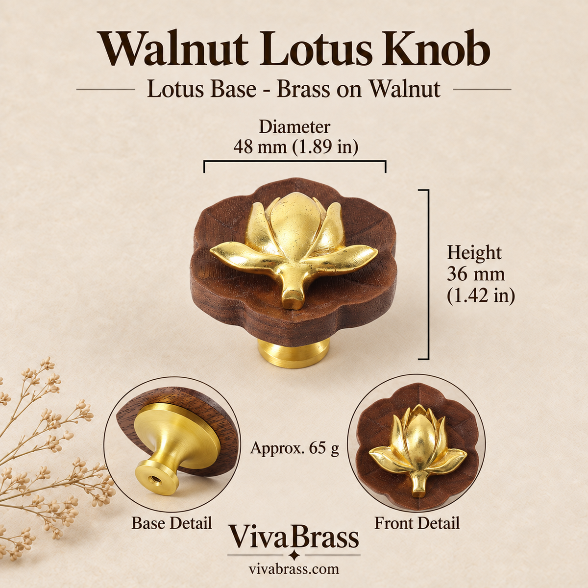 Walnut Lotus Knob Lotus Base - Brass on Walnut – decorative brass knob by VivaBrass