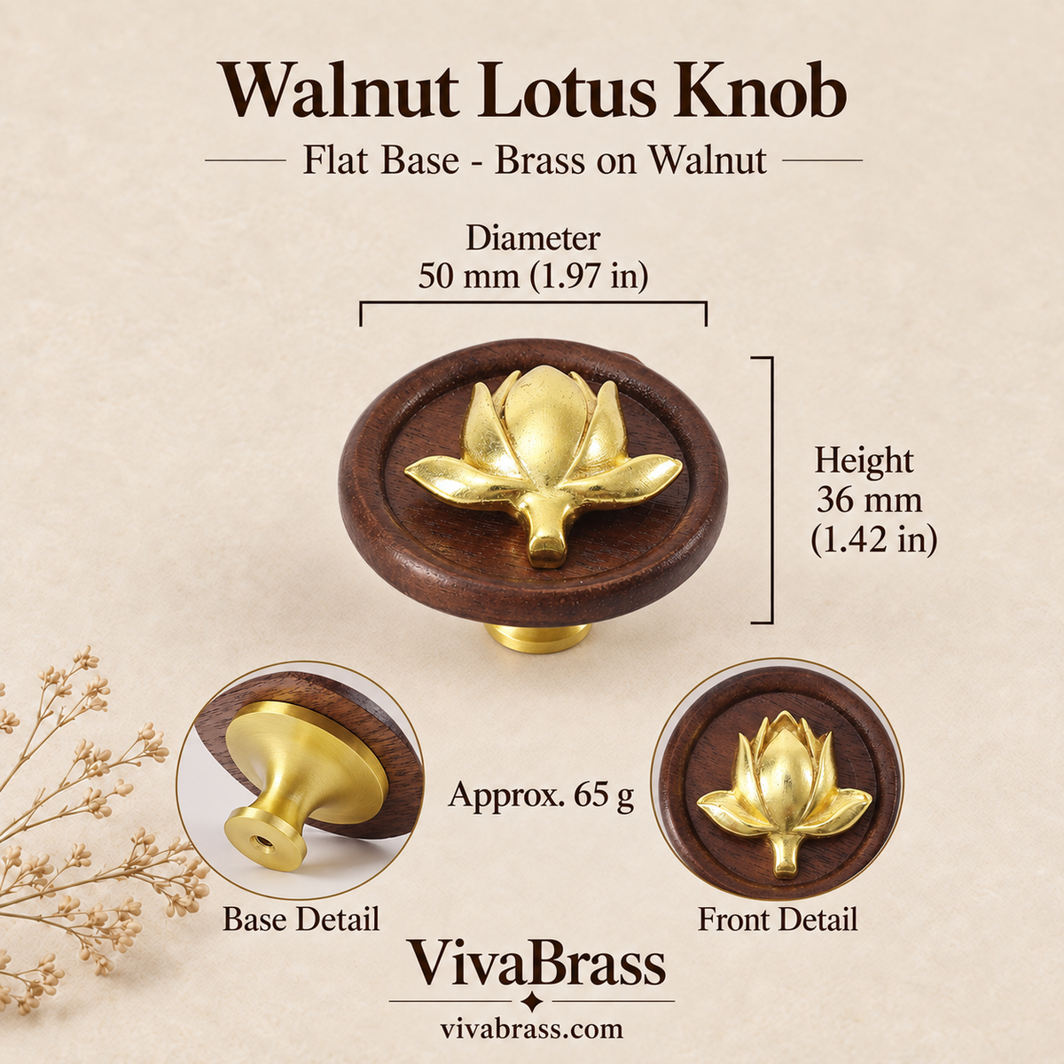 Walnut Lotus Knob Flat Base - Brass on Walnut – decorative brass knob by VivaBrass
