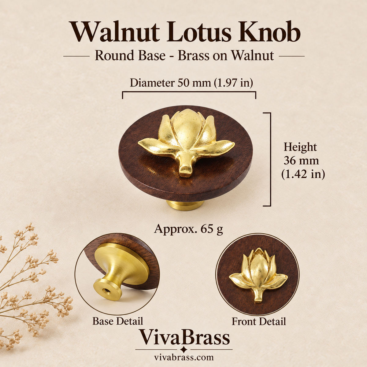 Walnut Lotus Knob Round Base - Brass on Walnut – decorative brass knob by VivaBrass
