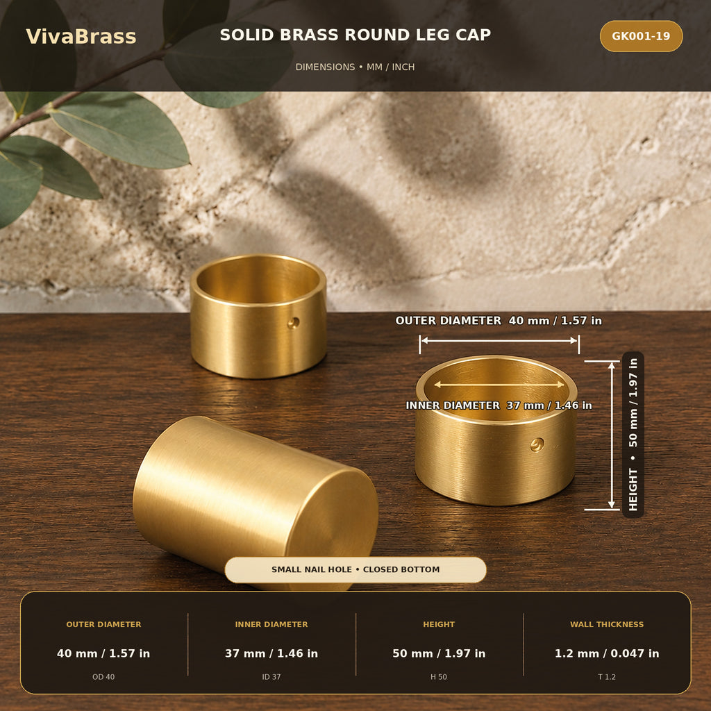 Solid Brass Leg Cap, Closed-End Ø40 × H50 (ID37) – solid brass by VivaBrass