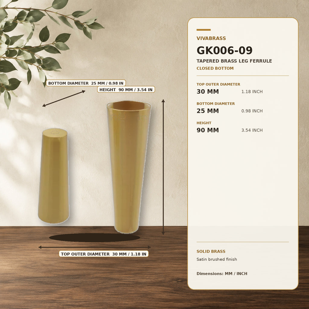 Solid Brass Tapered Leg Cap 30 × 25 × H90mm – solid brass by VivaBrass