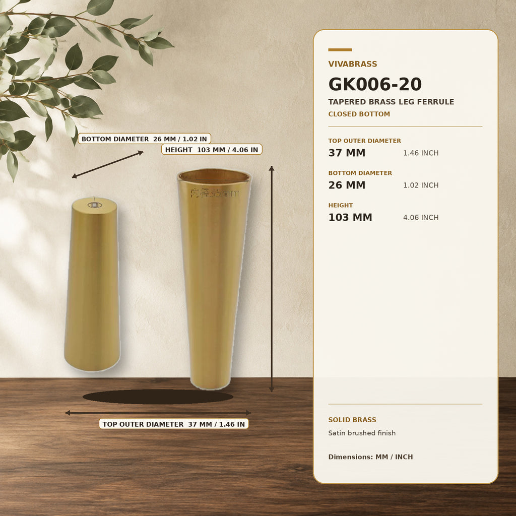 Solid Brass Tapered Leg Cap 37 × 26 × H103mm – solid brass by VivaBrass