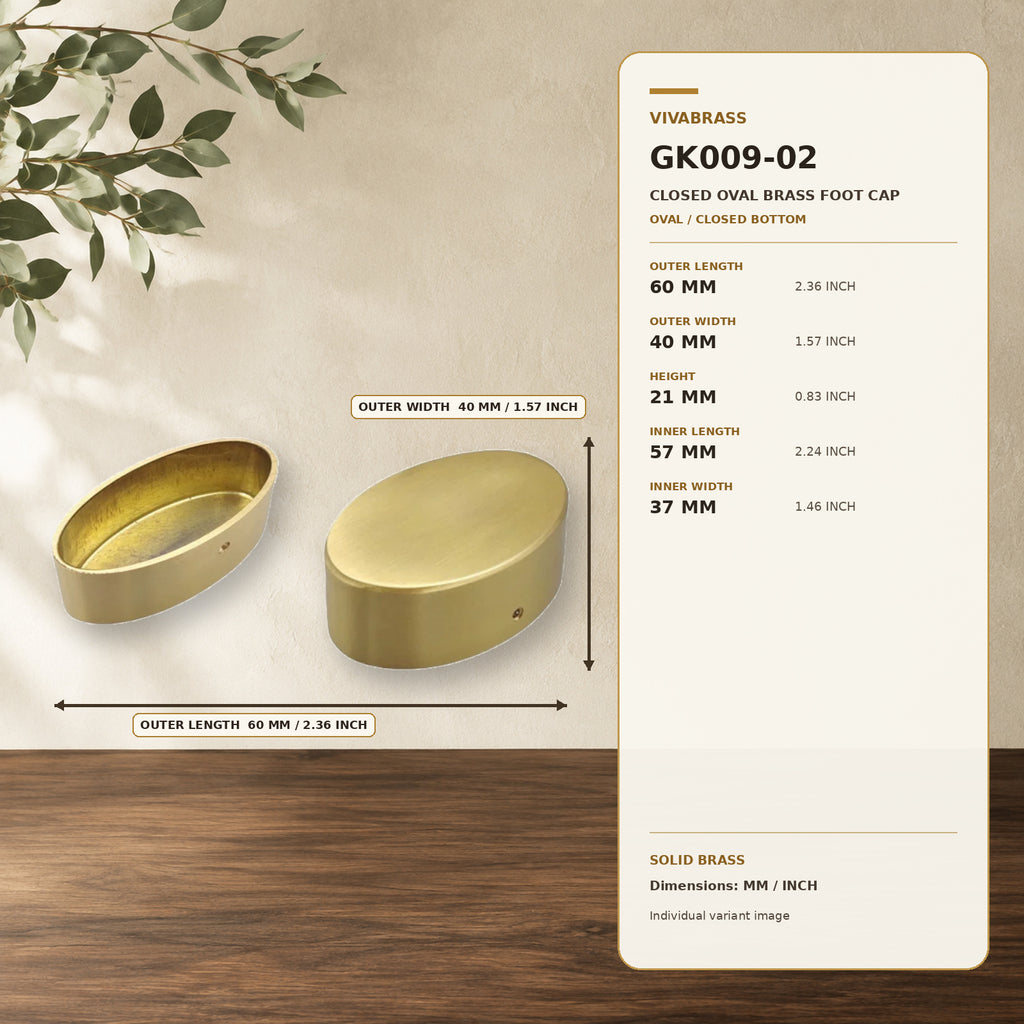 Solid Brass Oval Leg Cap, Closed-End 60 × 40 × H21mm – solid brass by VivaBrass