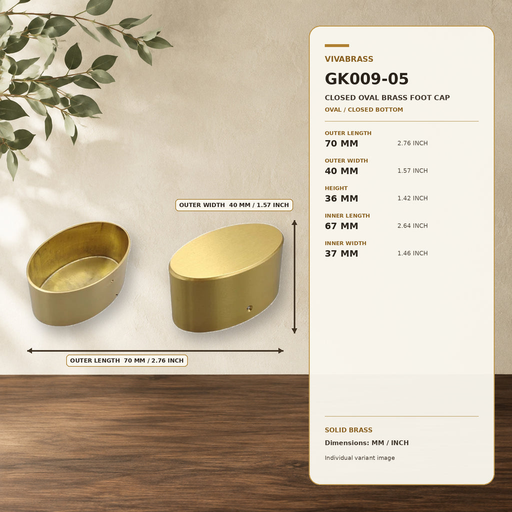 Solid Brass Oval Leg Cap, Closed-End 70 × 40 × H36mm – solid brass by VivaBrass