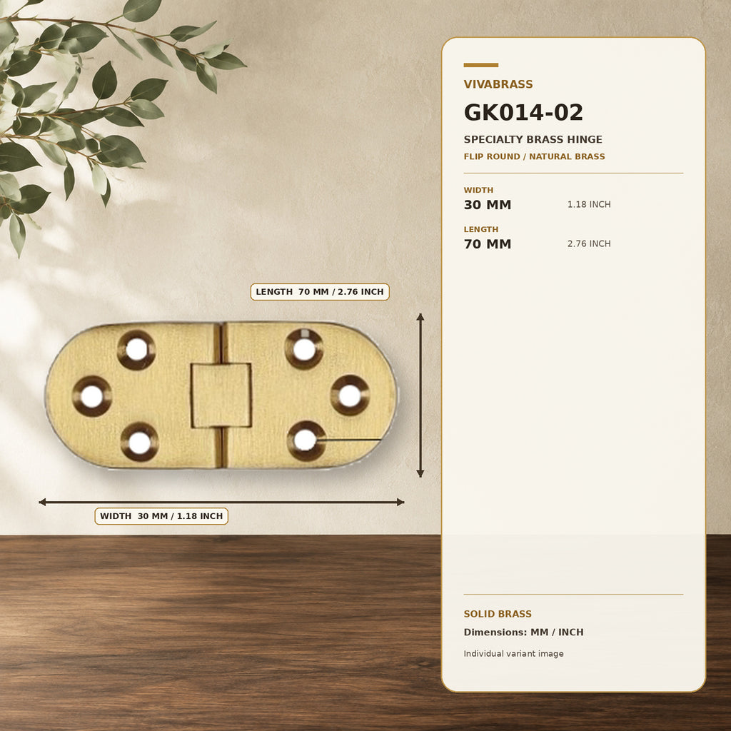 Solid Brass Butterfly & Drop-Leaf Hinge Flip Round 30 × 70mm Natural Brass – solid brass by VivaBrass
