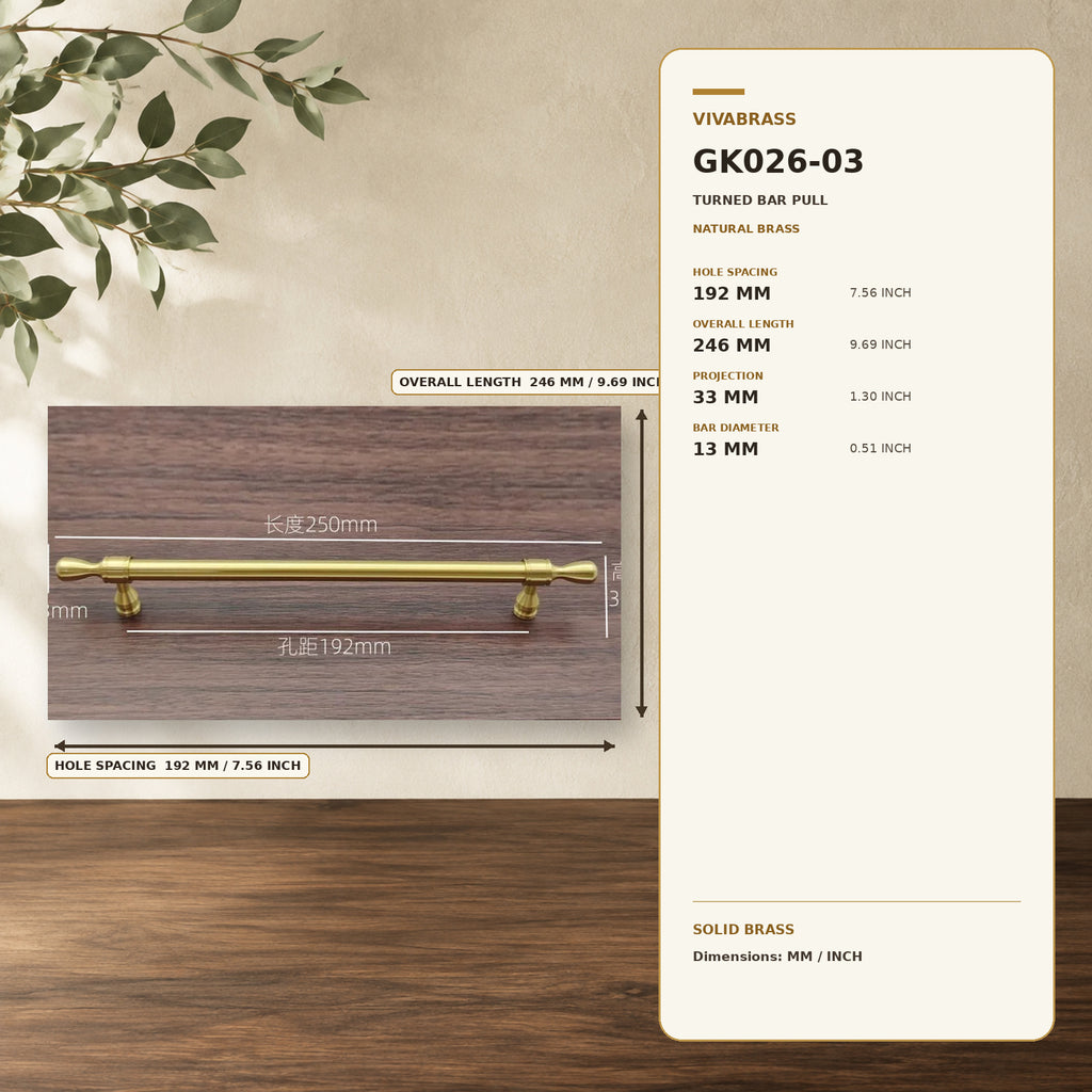 Solid Brass Cabinet Pull & Knob, Luxe 4913 192mm – solid brass by VivaBrass