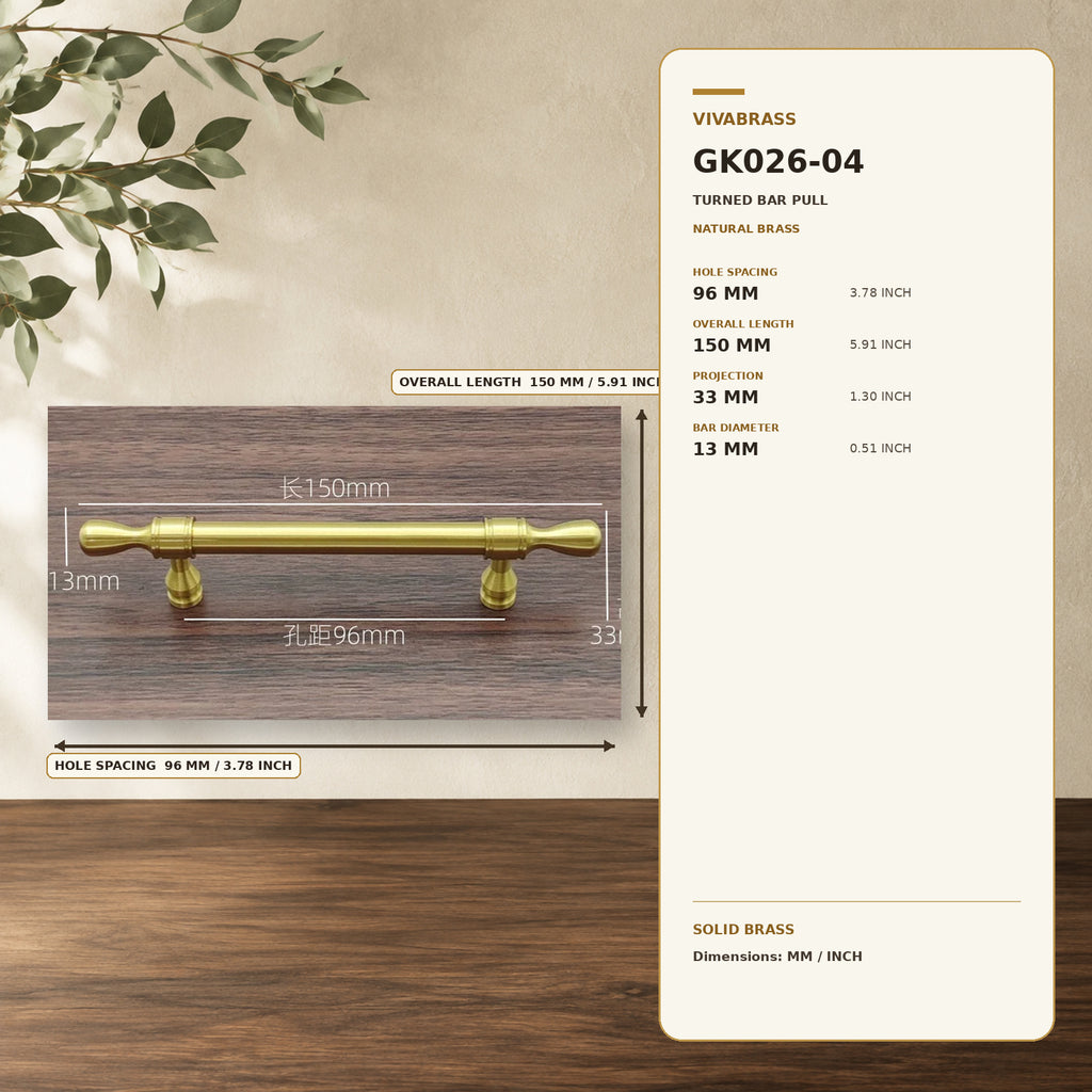 Solid Brass Cabinet Pull & Knob, Luxe 4913 96mm – solid brass by VivaBrass