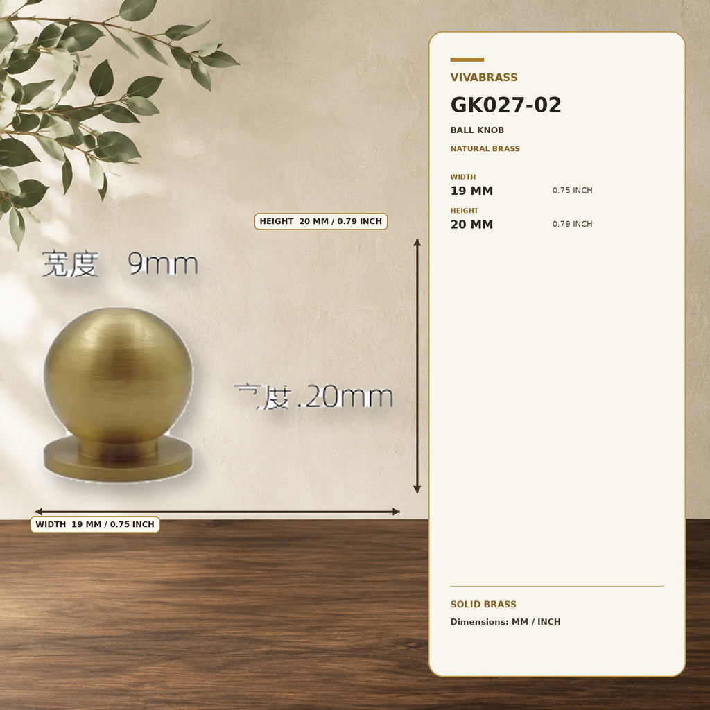 Solid Brass Ball & Cylinder Pull, Vintage Ball 19 × 20mm Natural Brass – solid brass by VivaBrass