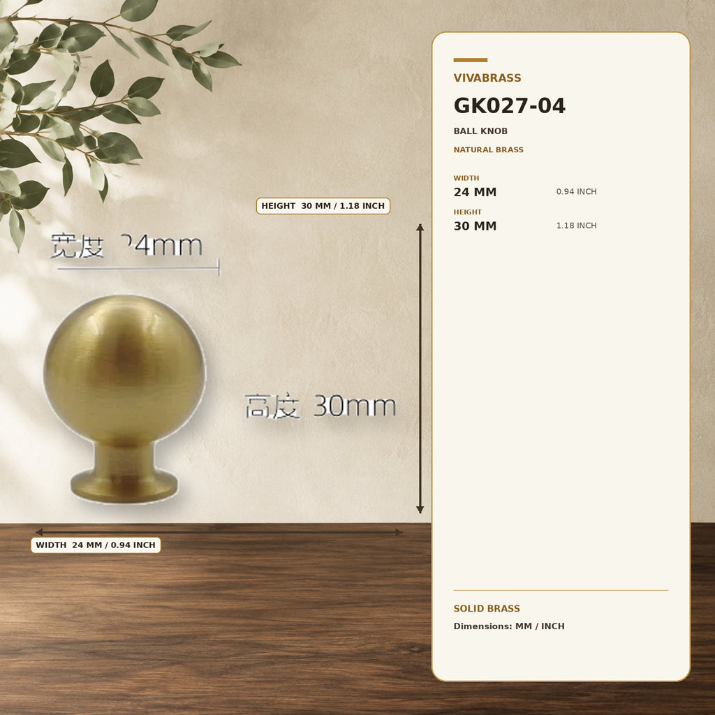 Solid Brass Ball & Cylinder Pull, Vintage Ball 24 × 30mm Natural Brass – solid brass by VivaBrass