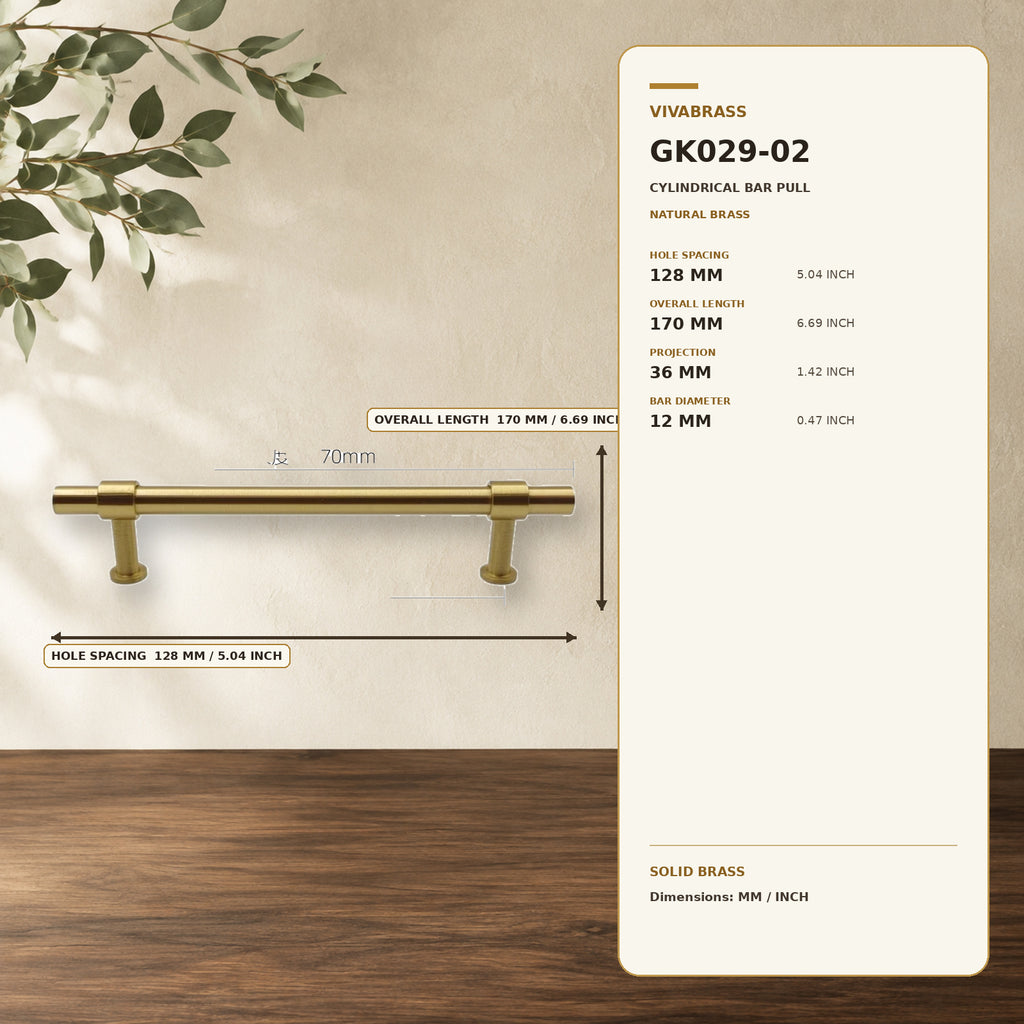 Solid Brass Cylinder Bar Pull, Minimal 4916 128mm Natural Brass – solid brass by VivaBrass