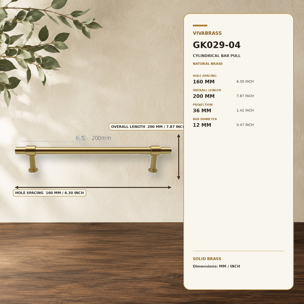Solid Brass Cylinder Bar Pull, Minimal 4916 160mm Natural Brass – solid brass by VivaBrass