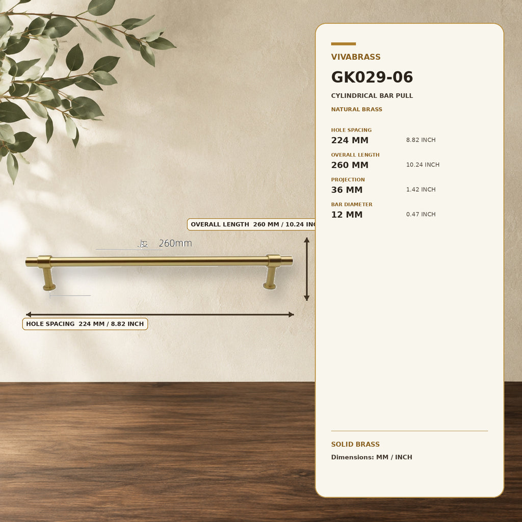 Solid Brass Cylinder Bar Pull, Minimal 4916 224mm Natural Brass – solid brass by VivaBrass