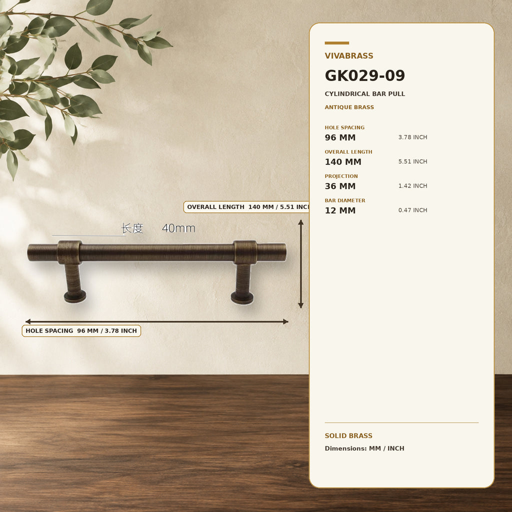 Solid Brass Cylinder Bar Pull, Minimal 4916 96mm Antique Brass – solid brass by VivaBrass