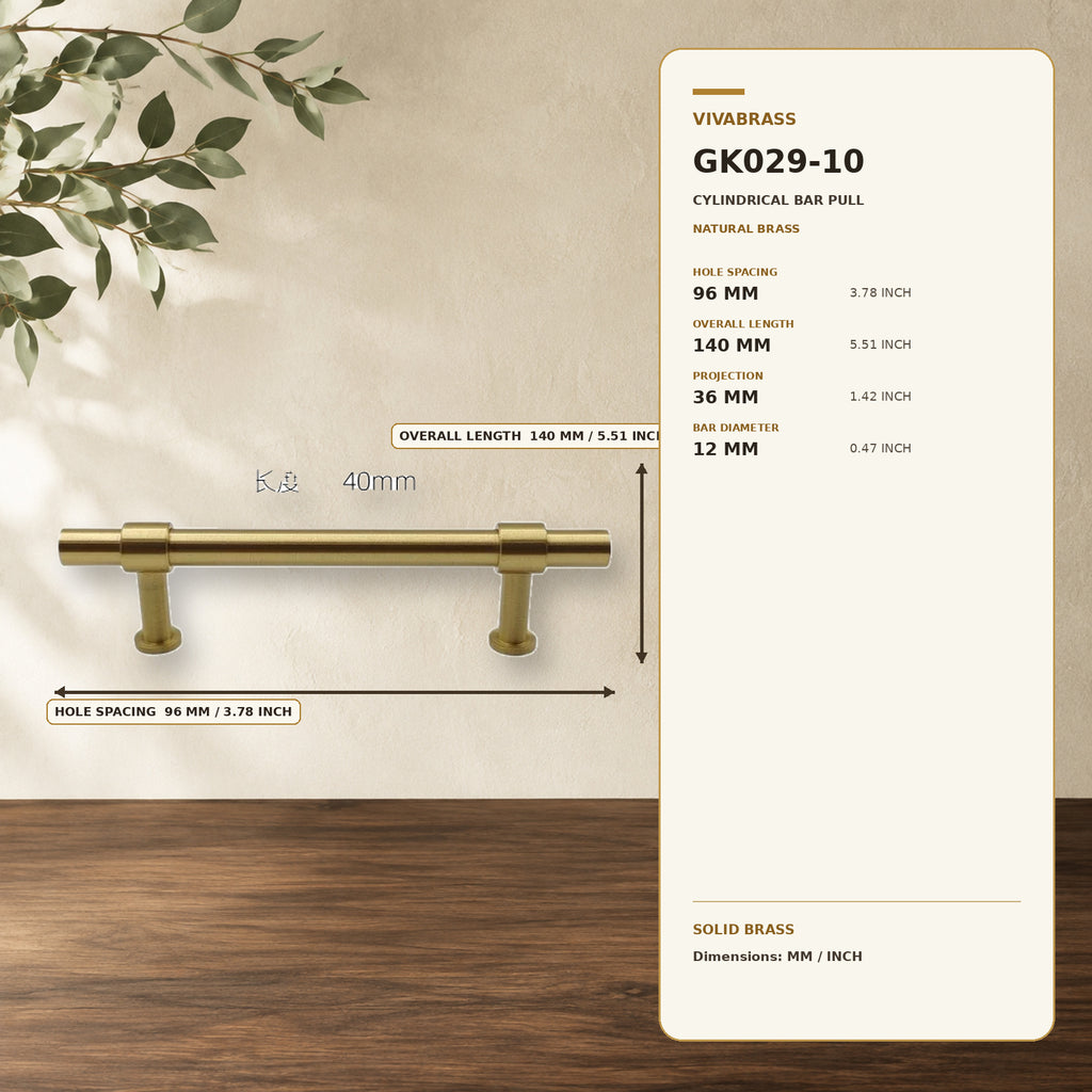 Solid Brass Cylinder Bar Pull, Minimal 4916 96mm Natural Brass – solid brass by VivaBrass