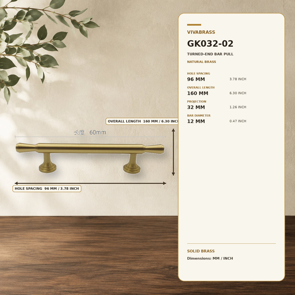 Solid Brass Bar Pull & Knob, French Luxe 4914 96mm Natural Brass – solid brass by VivaBrass