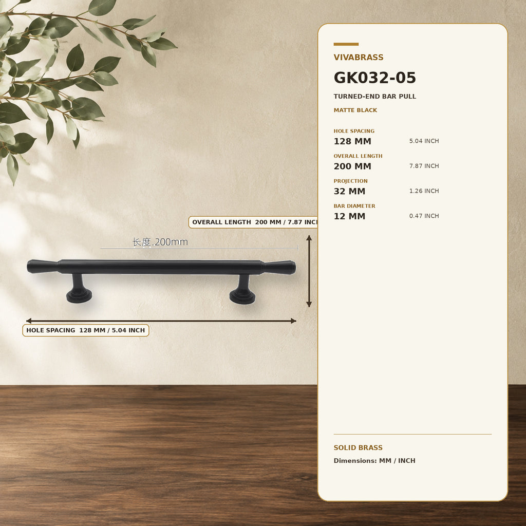 Solid Brass Bar Pull & Knob, French Luxe 4914 128mm Matte Black – solid brass by VivaBrass
