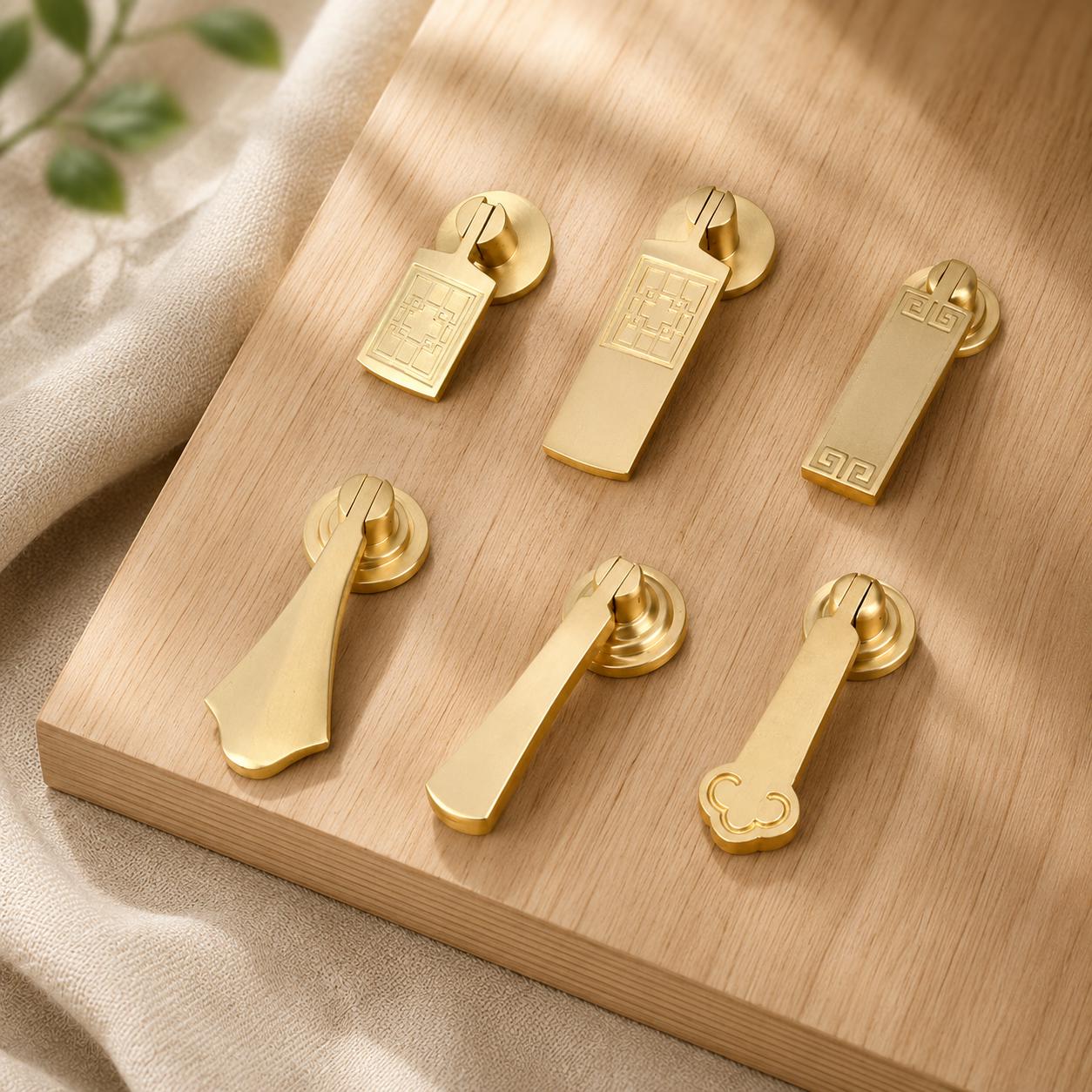 Solid Brass Cabinet Pull Handle, Chinese Style Drawer Pull, Brushed Gold Dresser Knob