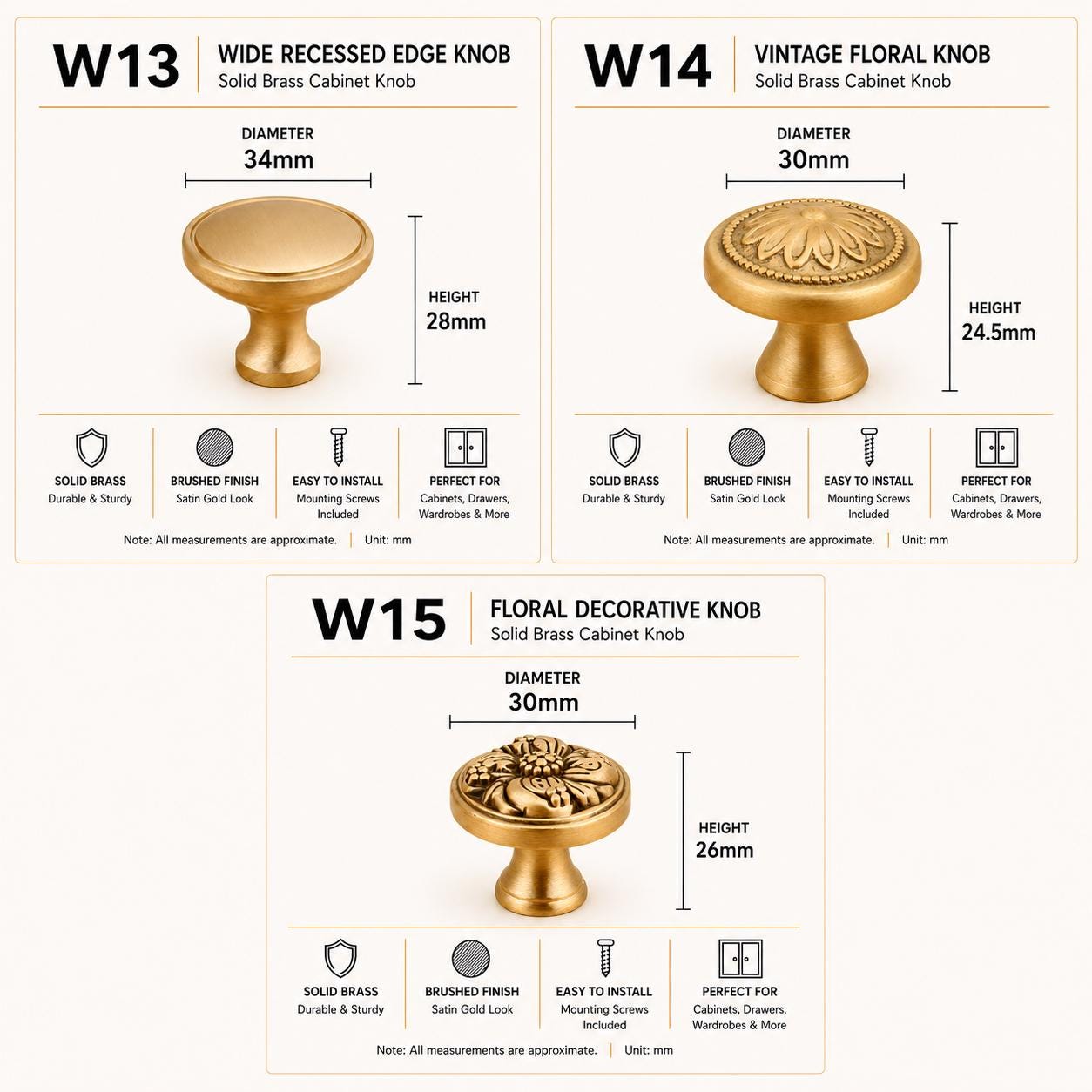 Solid Brass Cabinet Knobs, Brushed Gold Furniture Hardware, Antique Style Drawer Pulls