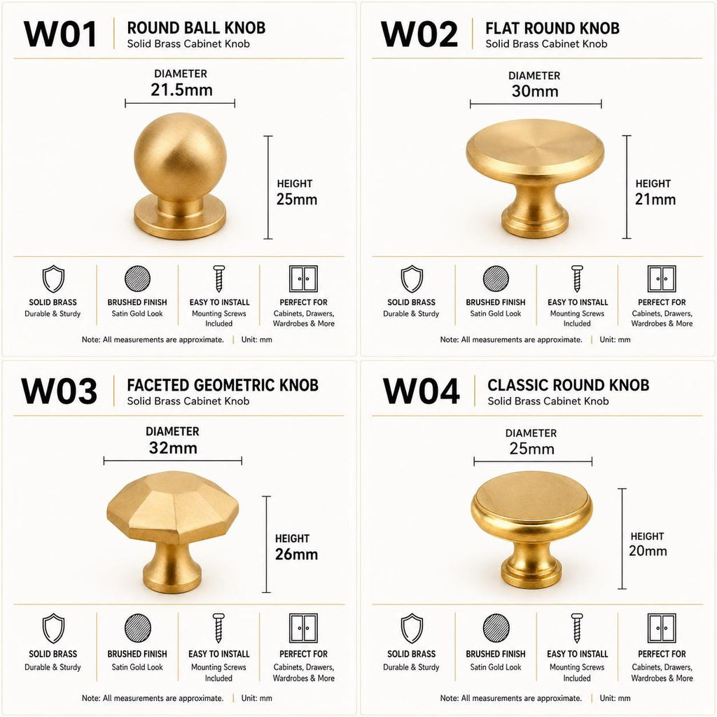 Solid Brass Cabinet Knobs, Brushed Gold Furniture Hardware, Antique Style Drawer Pulls