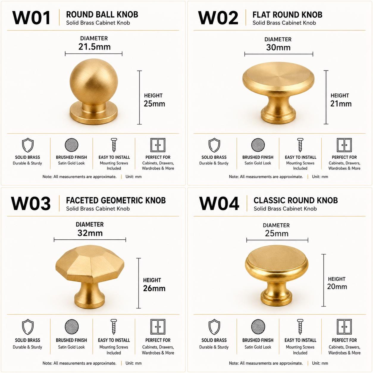 Solid Brass Cabinet Knobs, Brushed Gold Furniture Hardware, Antique Style Drawer Pulls