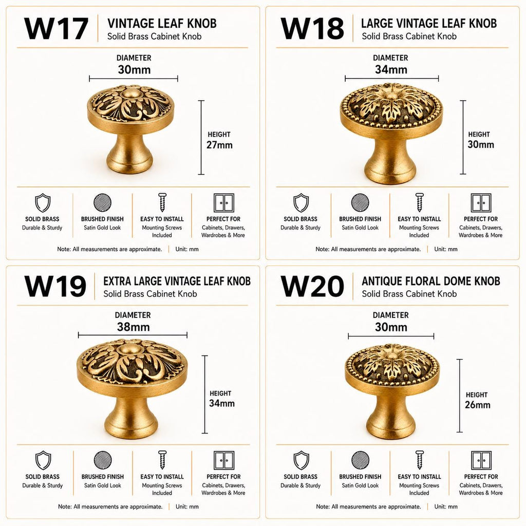 Solid Brass Cabinet Knobs, Brushed Gold Furniture Hardware, Antique Style Drawer Pulls