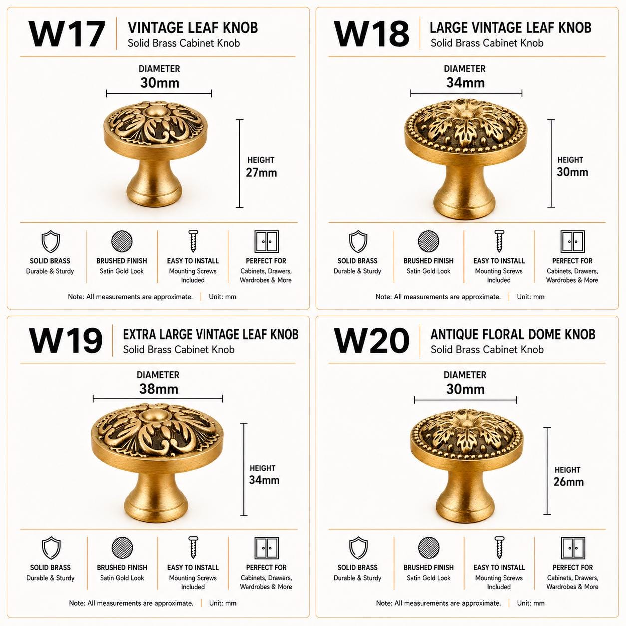 Solid Brass Cabinet Knobs, Brushed Gold Furniture Hardware, Antique Style Drawer Pulls