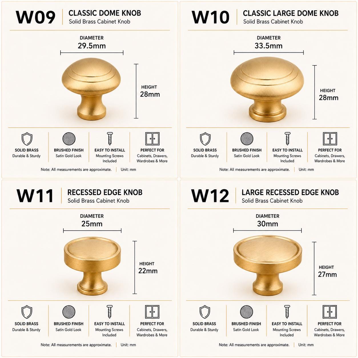 Solid Brass Cabinet Knobs, Brushed Gold Furniture Hardware, Antique Style Drawer Pulls