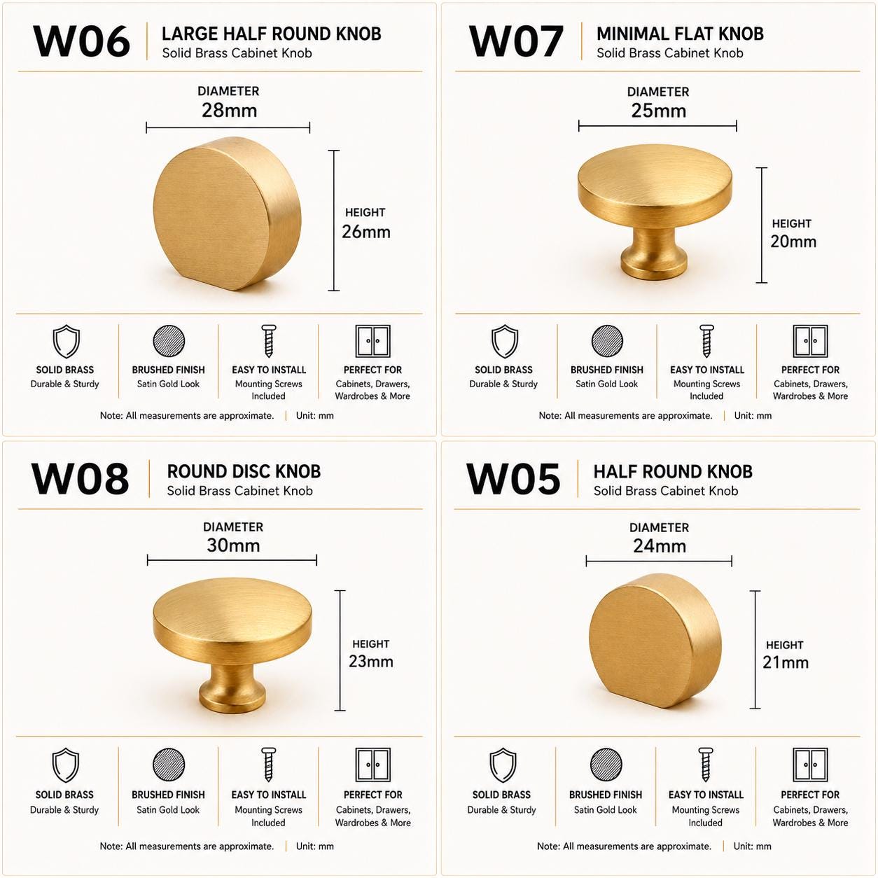 Solid Brass Cabinet Knobs, Brushed Gold Furniture Hardware, Antique Style Drawer Pulls