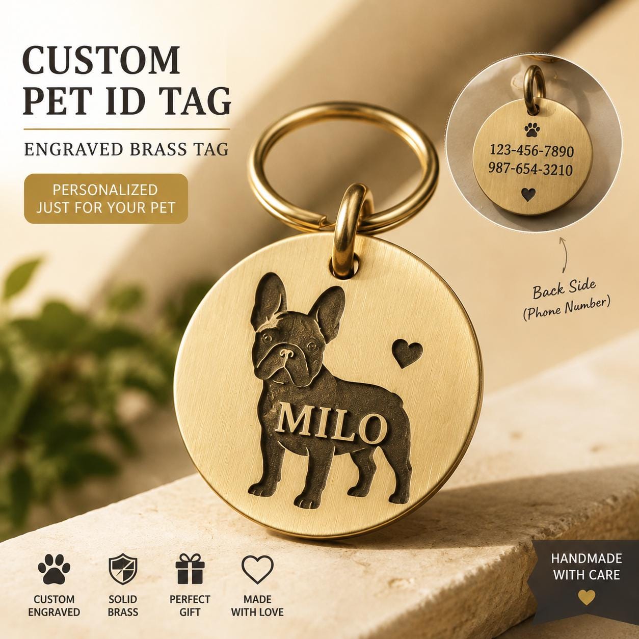 Custom Solid Brass Pet ID Tag, Silhouette Engraved Dog Cat Collar Tag