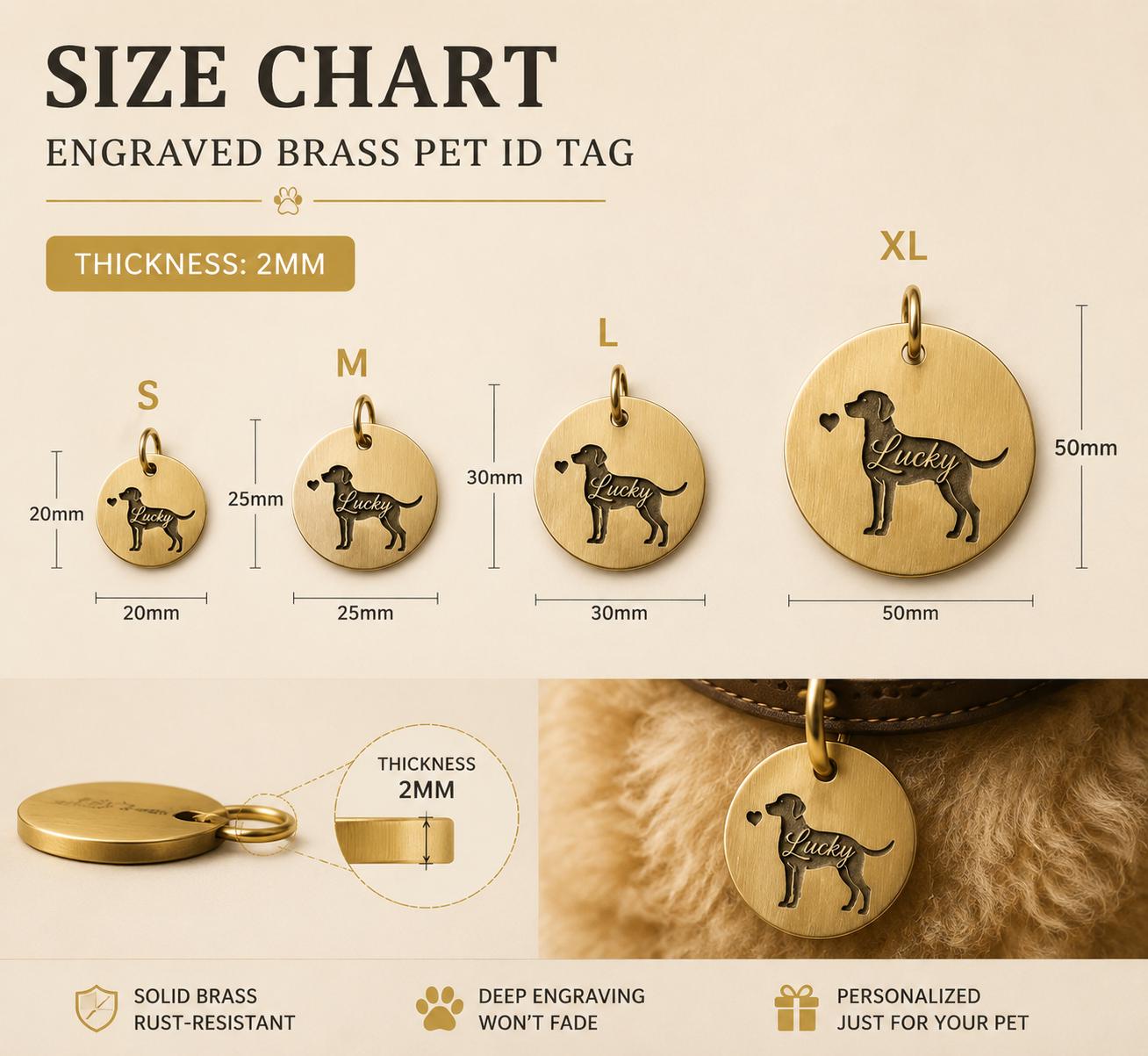 Custom Solid Brass Pet ID Tag, Silhouette Engraved Dog Cat Collar Tag