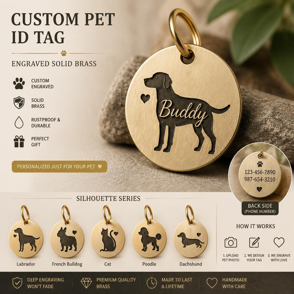 Custom Solid Brass Pet ID Tag, Silhouette Engraved Dog Cat Collar Tag
