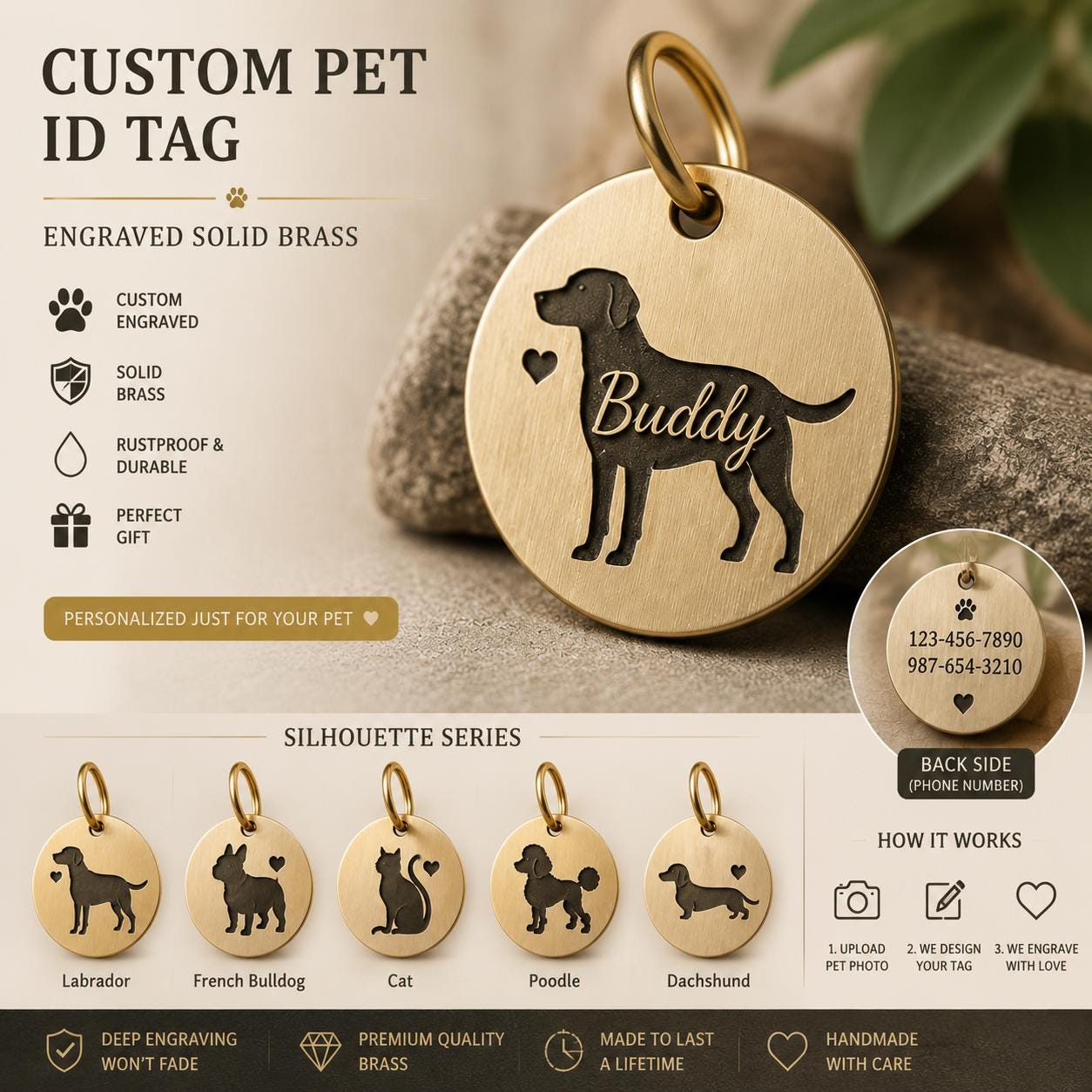 Custom Solid Brass Pet ID Tag, Silhouette Engraved Dog Cat Collar Tag