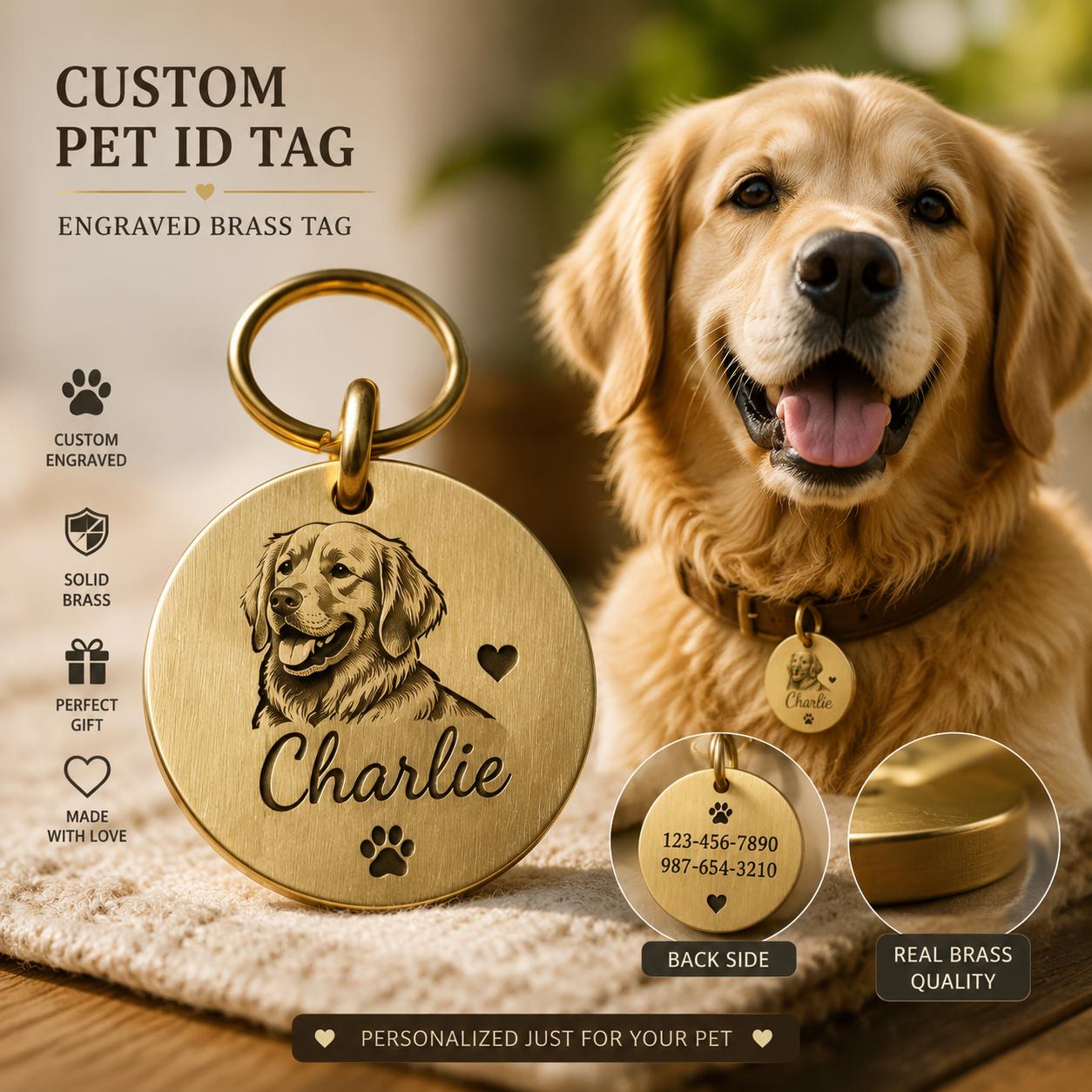 Custom Solid Brass Pet ID Tag, Silhouette Engraved Dog Cat Collar Tag