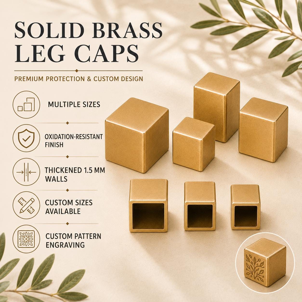 Square Solid Brass Furniture Leg Caps, Closed-End Ferrules, Custom Sizes & Engraving