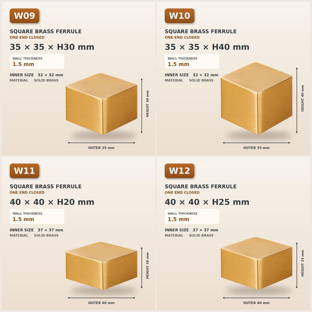 Square Solid Brass Furniture Leg Caps, Closed-End Ferrules, Custom Sizes & Engraving