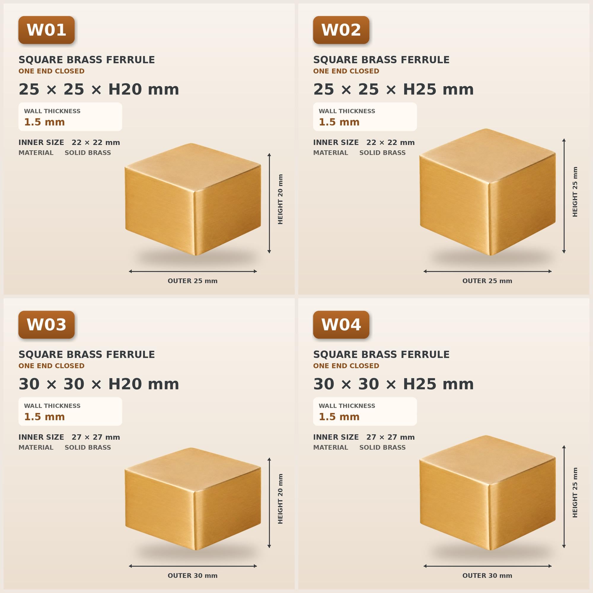 Square Solid Brass Furniture Leg Caps, Closed-End Ferrules, Custom Sizes & Engraving