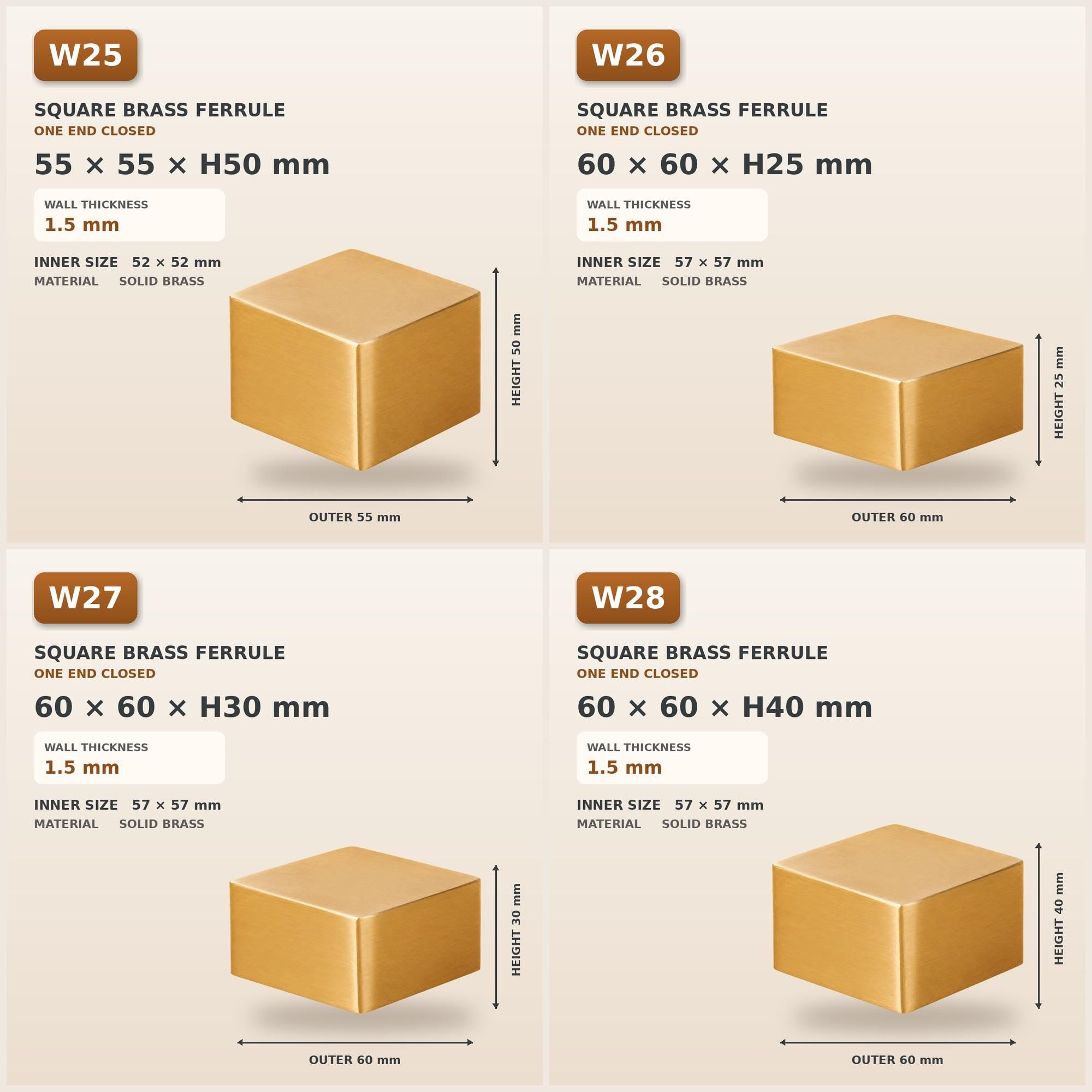 Square Solid Brass Furniture Leg Caps, Closed-End Ferrules, Custom Sizes & Engraving