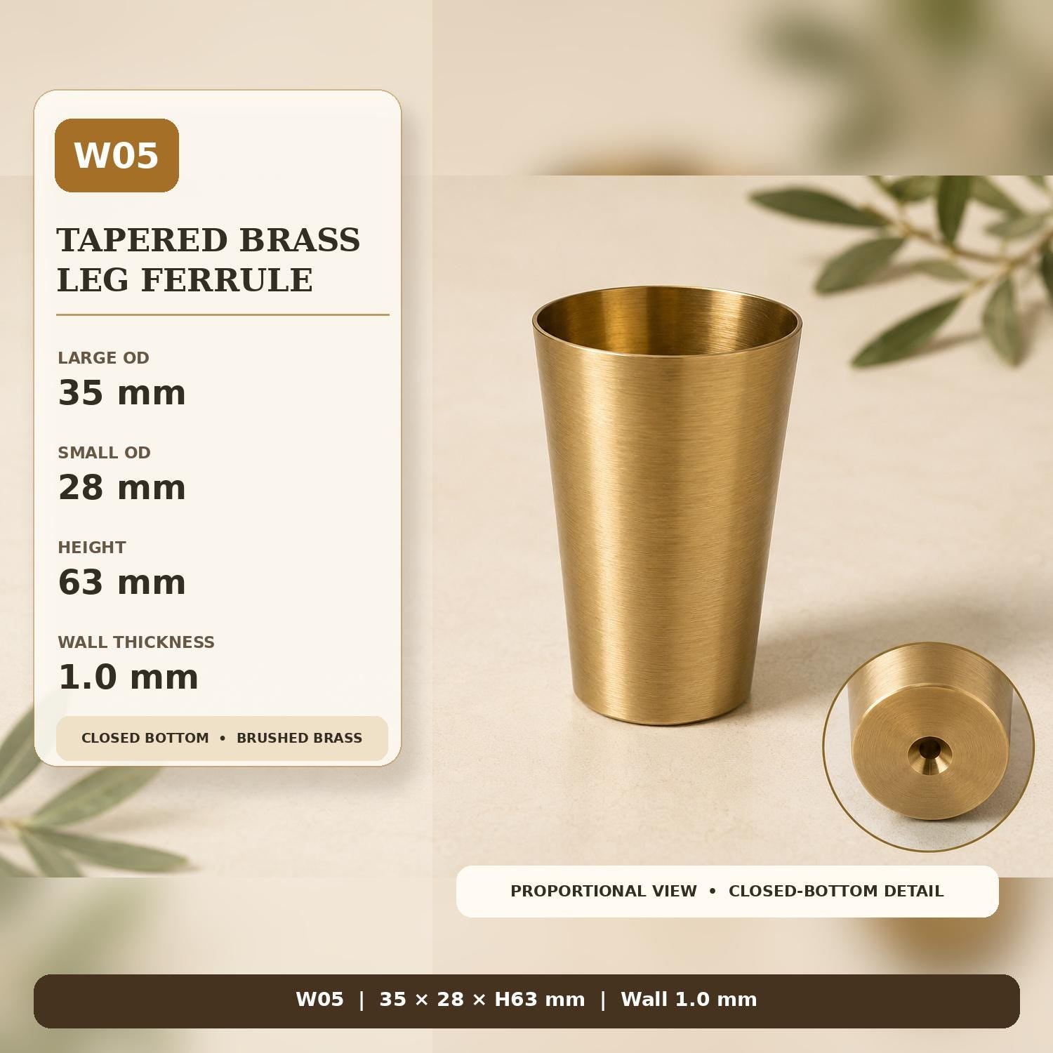 Solid Brass Tapered Furniture Leg Caps, Nordic Style Metal Feet Protectors