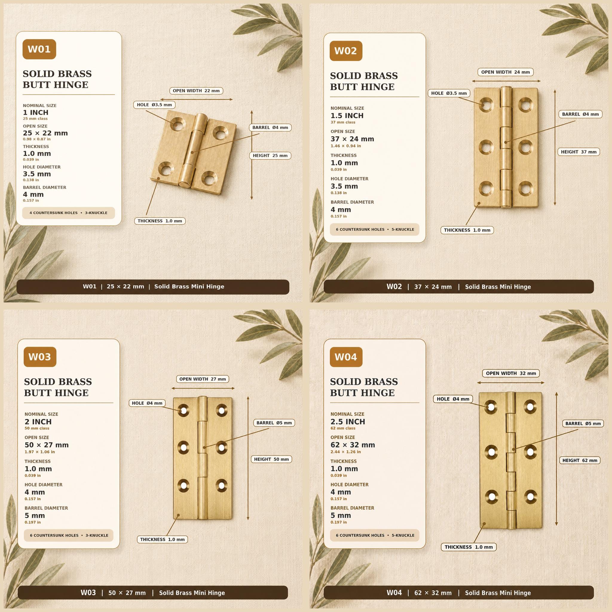 Solid Brass Butt Hinges, Steel Core Pin, Heavy Duty Cabinet Door Hardware (1-4 Inch)