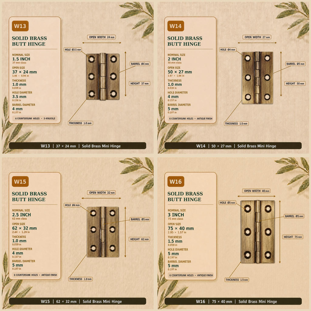 Solid Brass Butt Hinges, Steel Core Pin, Heavy Duty Cabinet Door Hardware (1-4 Inch)
