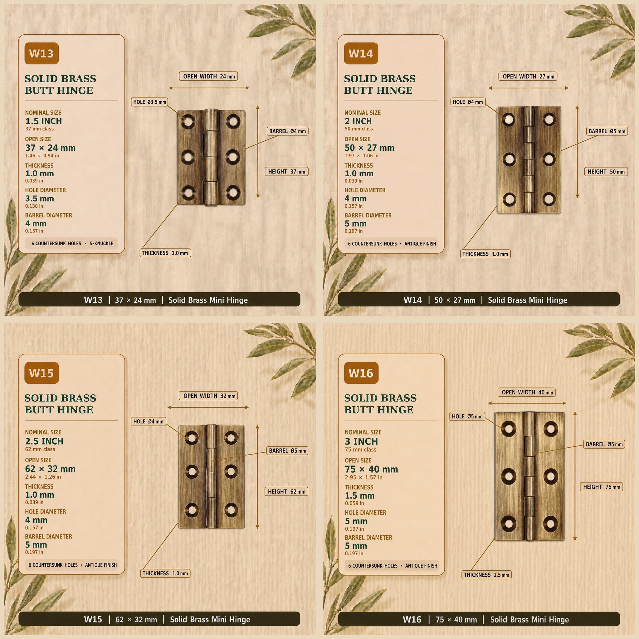 Solid Brass Butt Hinges, Steel Core Pin, Heavy Duty Cabinet Door Hardware (1-4 Inch)