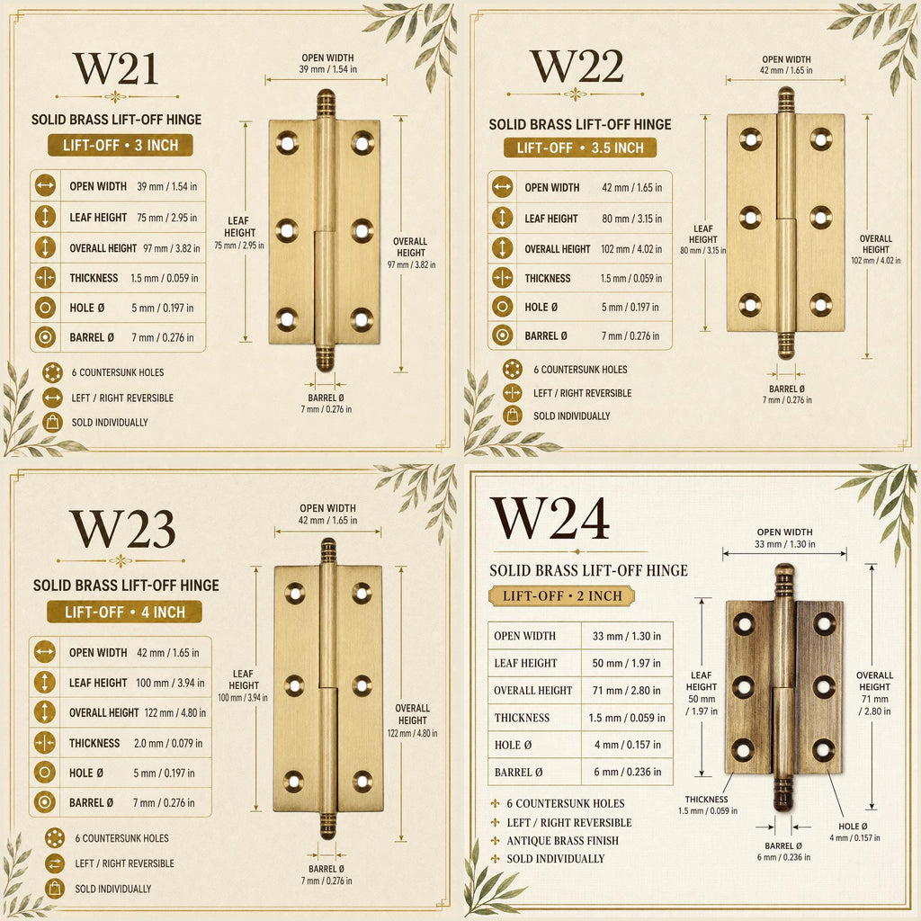 Solid Brass Crown Tip Butt Hinges, Antique Cabinet Door Hardware, Natural Brass Window Hinge