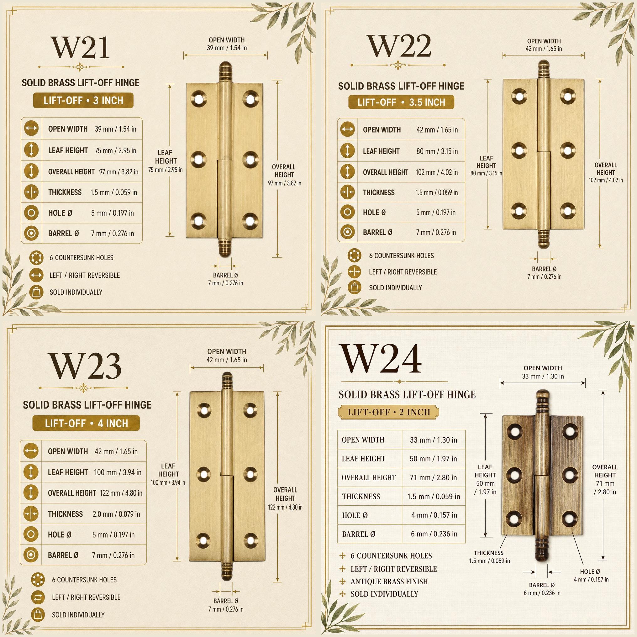 Solid Brass Crown Tip Butt Hinges, Antique Cabinet Door Hardware, Natural Brass Window Hinge