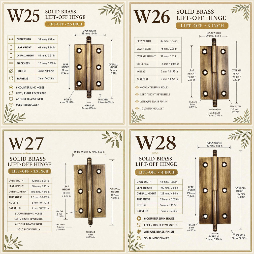 Solid Brass Crown Tip Butt Hinges, Antique Cabinet Door Hardware, Natural Brass Window Hinge