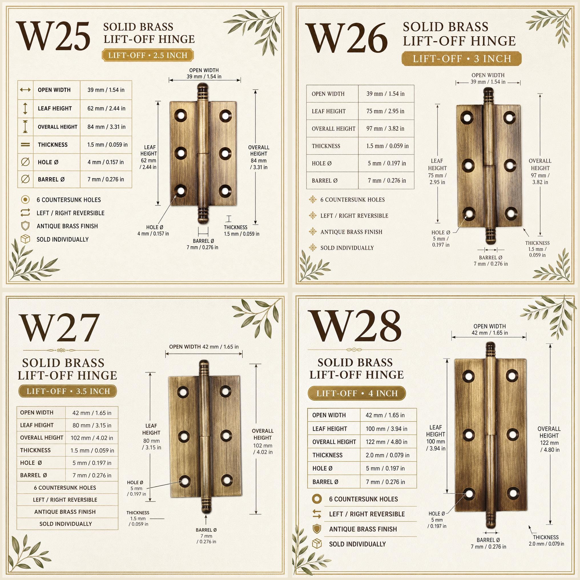 Solid Brass Crown Tip Butt Hinges, Antique Cabinet Door Hardware, Natural Brass Window Hinge